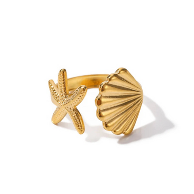 Adjustable Ring with Starfish and Seashell Design
